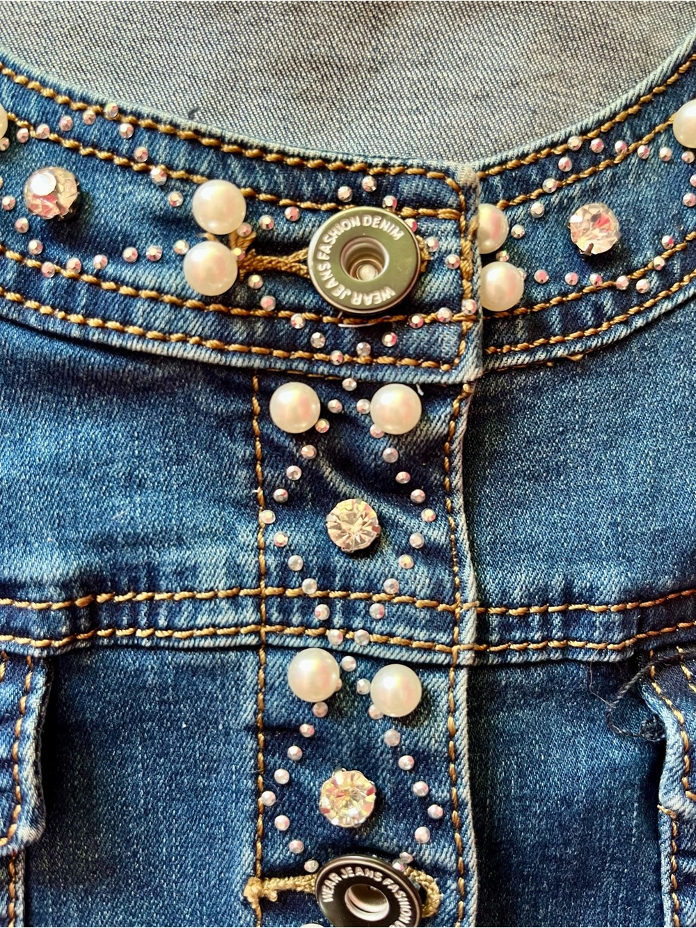 Embellished Blue Denim Jacket with Pearl & Glittery Rhinestone Accents - Picture 8 of 9